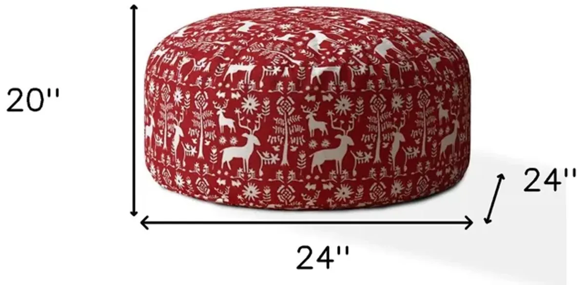 Cotton Round Stag Pouf Cover - Red / White