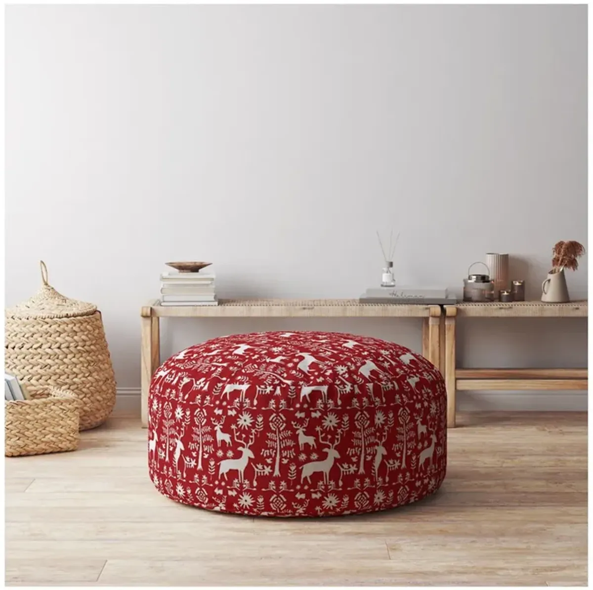 Cotton Round Stag Pouf Cover - Red / White