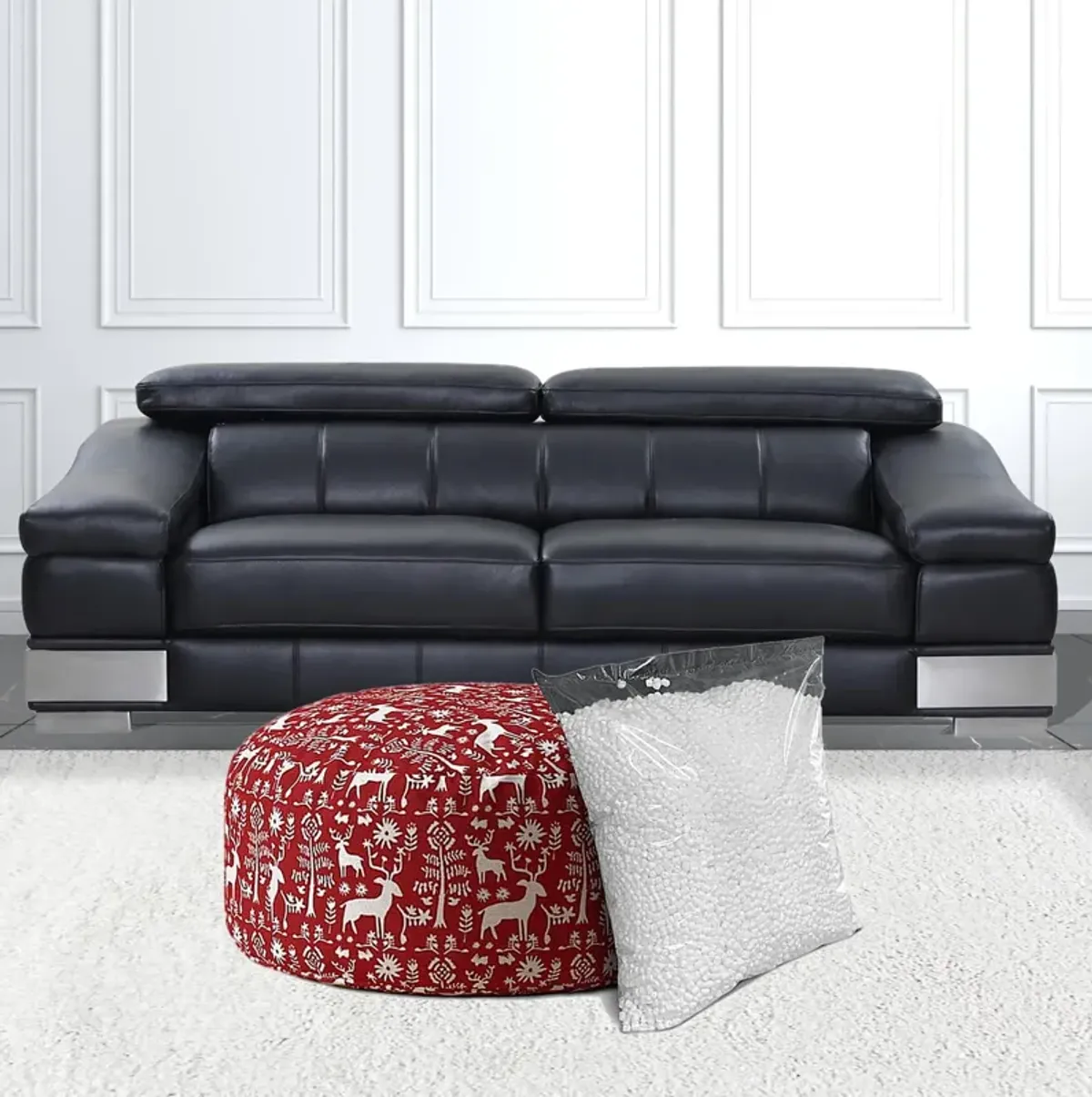 Cotton Round Stag Pouf Cover - Red / White