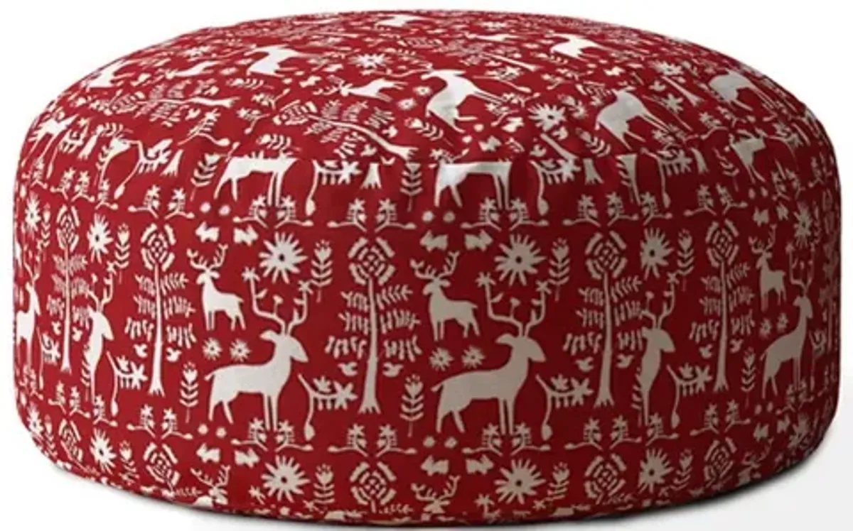 Cotton Round Stag Pouf Cover - Red / White