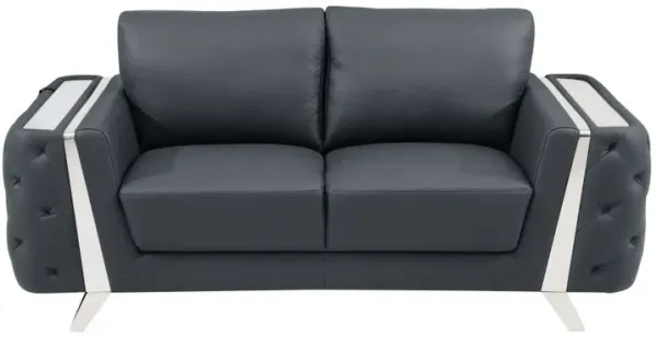 Genuine Leather Loveseat - Dark Gray / Silver