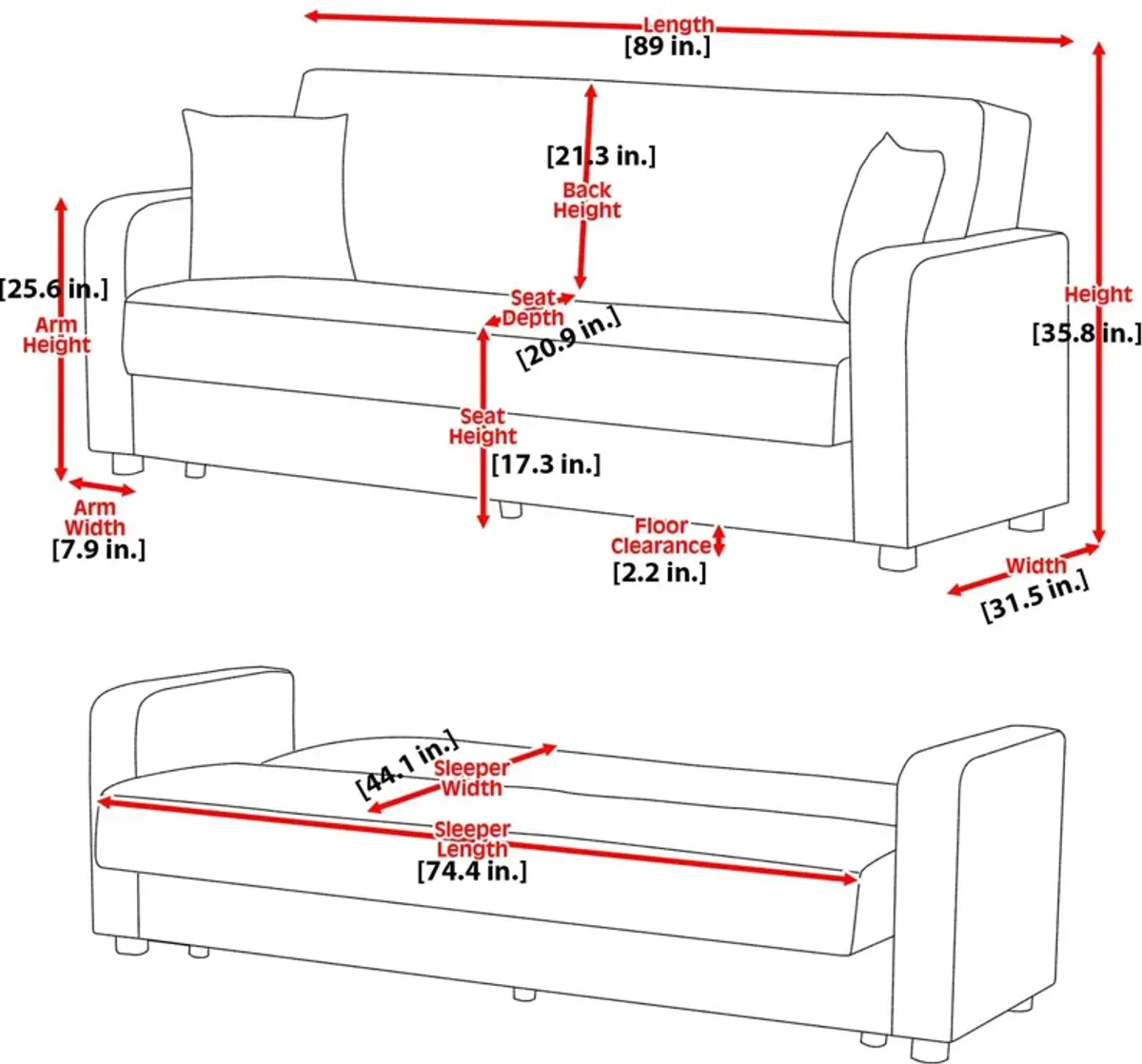 Microfiber Sleeper Sleeper Sofa And Toss Pillows With Silver Legs - Brown