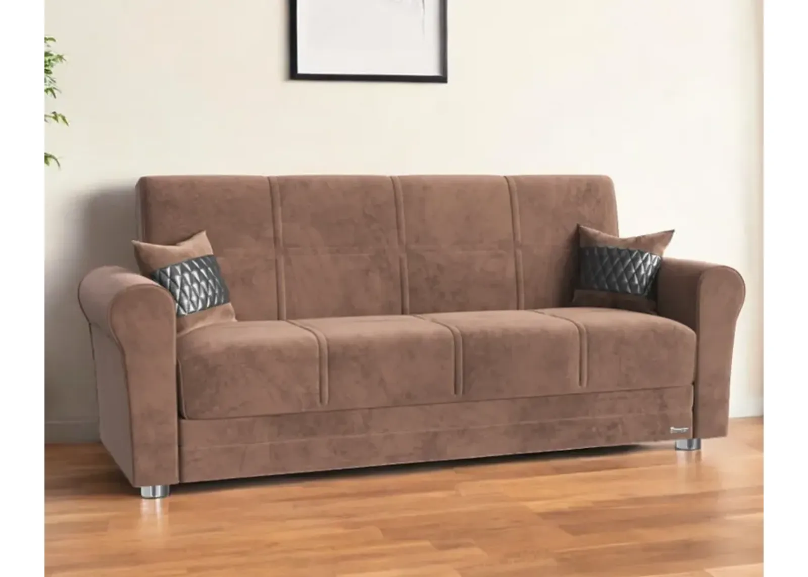 Microfiber Sleeper Sleeper Sofa And Toss Pillows With Silver Legs - Brown