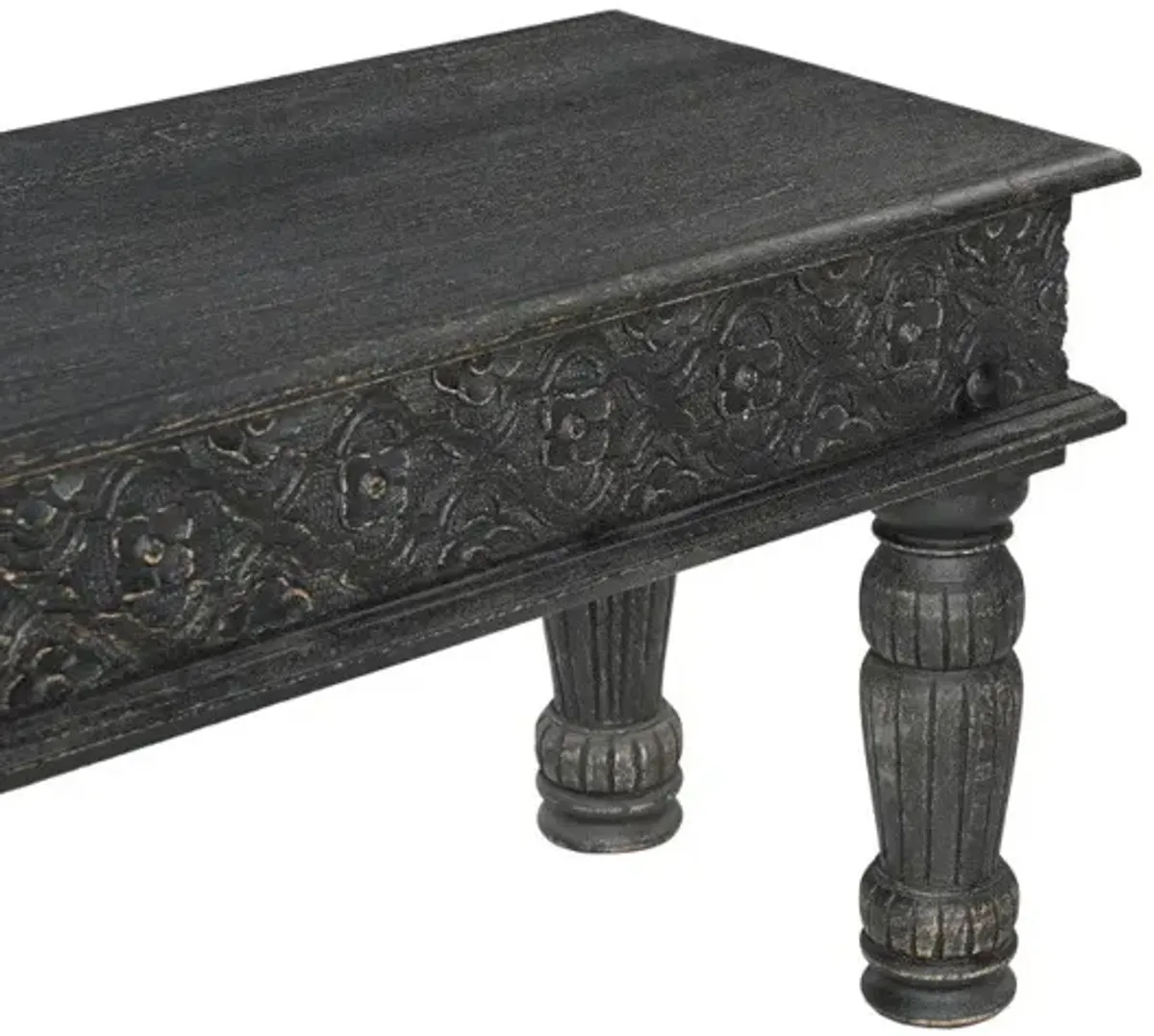 Distressed And Carved Solid Wood Dining Bench - Black