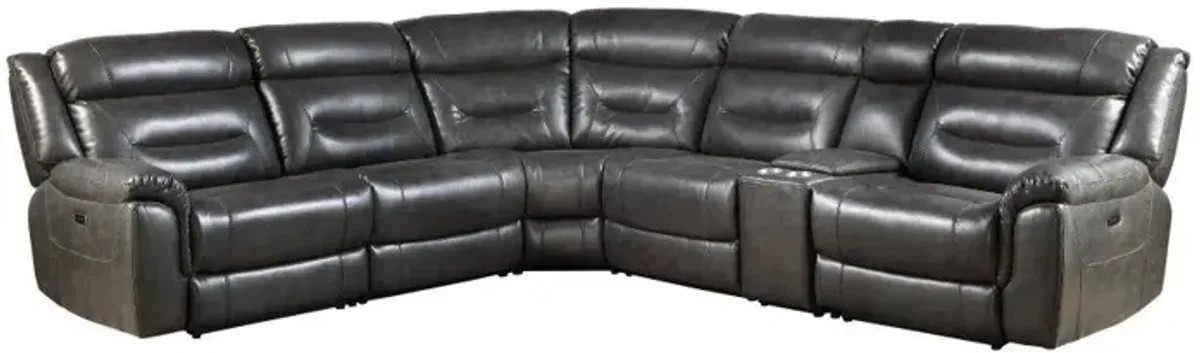 Faux Leather L Shaped Power Reclining Six Piece Corner Sectional With Console - Gray