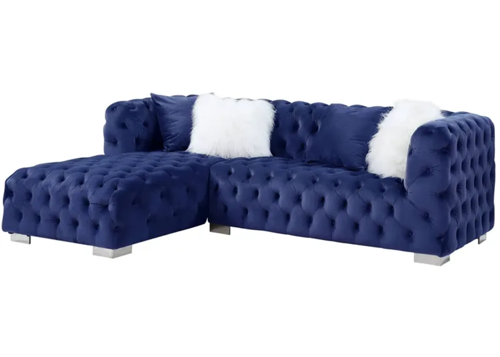 Velvet L Shaped Two Piece Sofa And Chaise Sectional And Toss Pillows - Blue