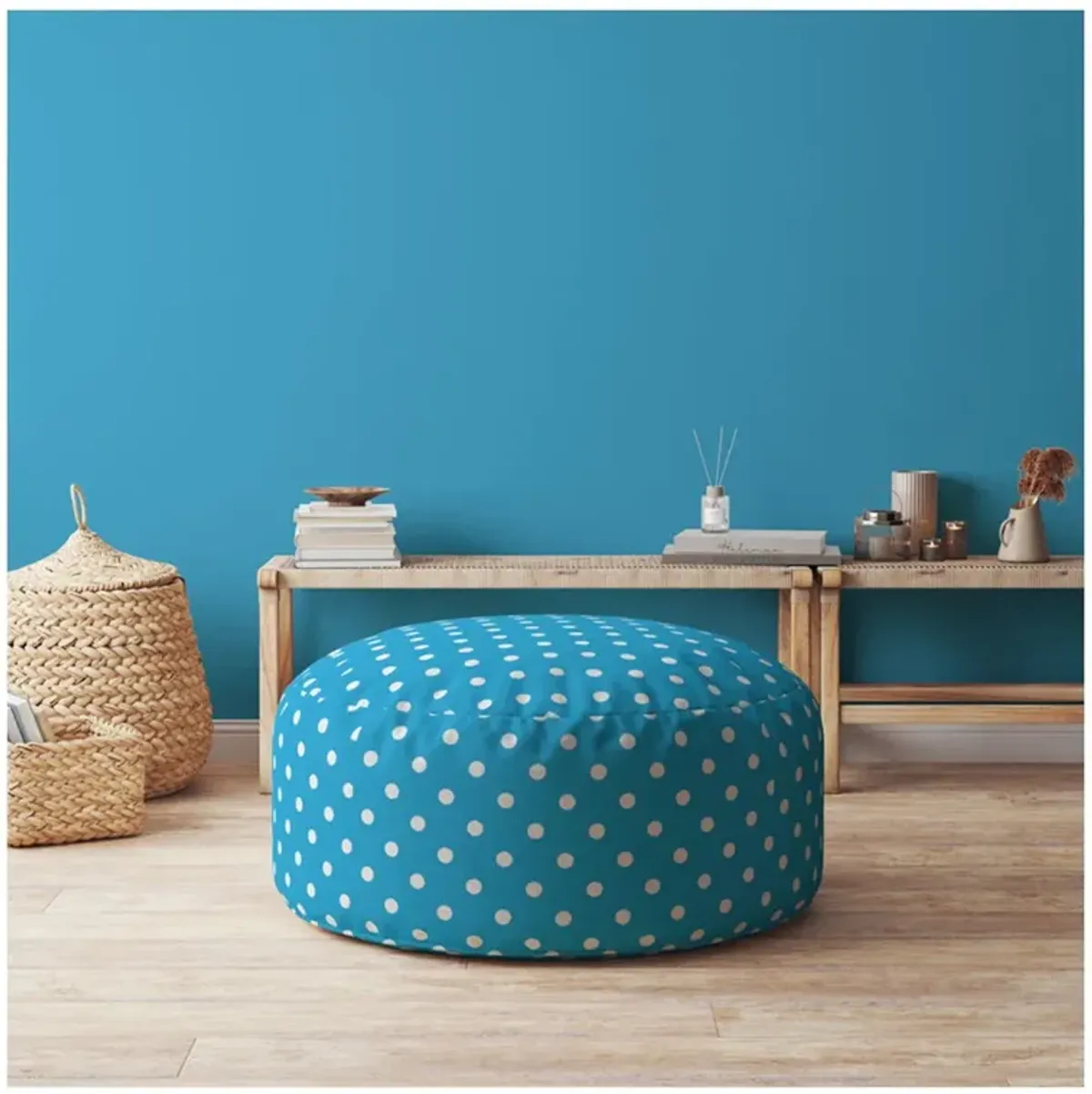 Cotton, Round Polka Dots Pouf Ottoman - Blue