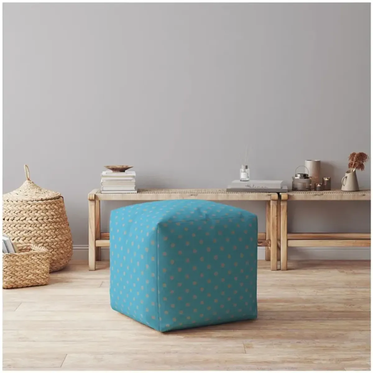 Cotton Polka Dots Pouf Ottoman - Blue