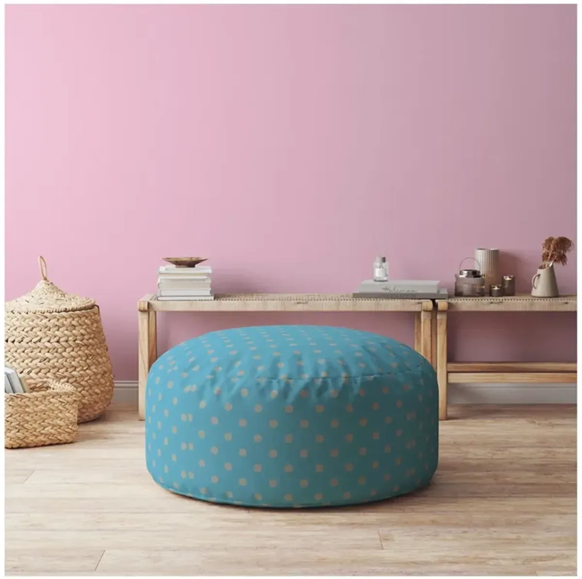 Cotton Round Polka Dots Pouf Ottoman - Blue