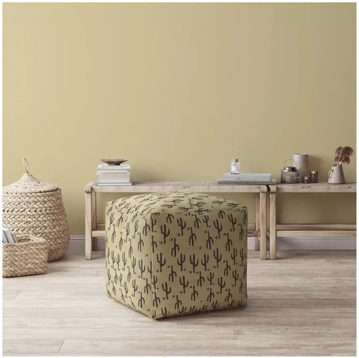 Cotton Floral Pouf Ottoman - Beige