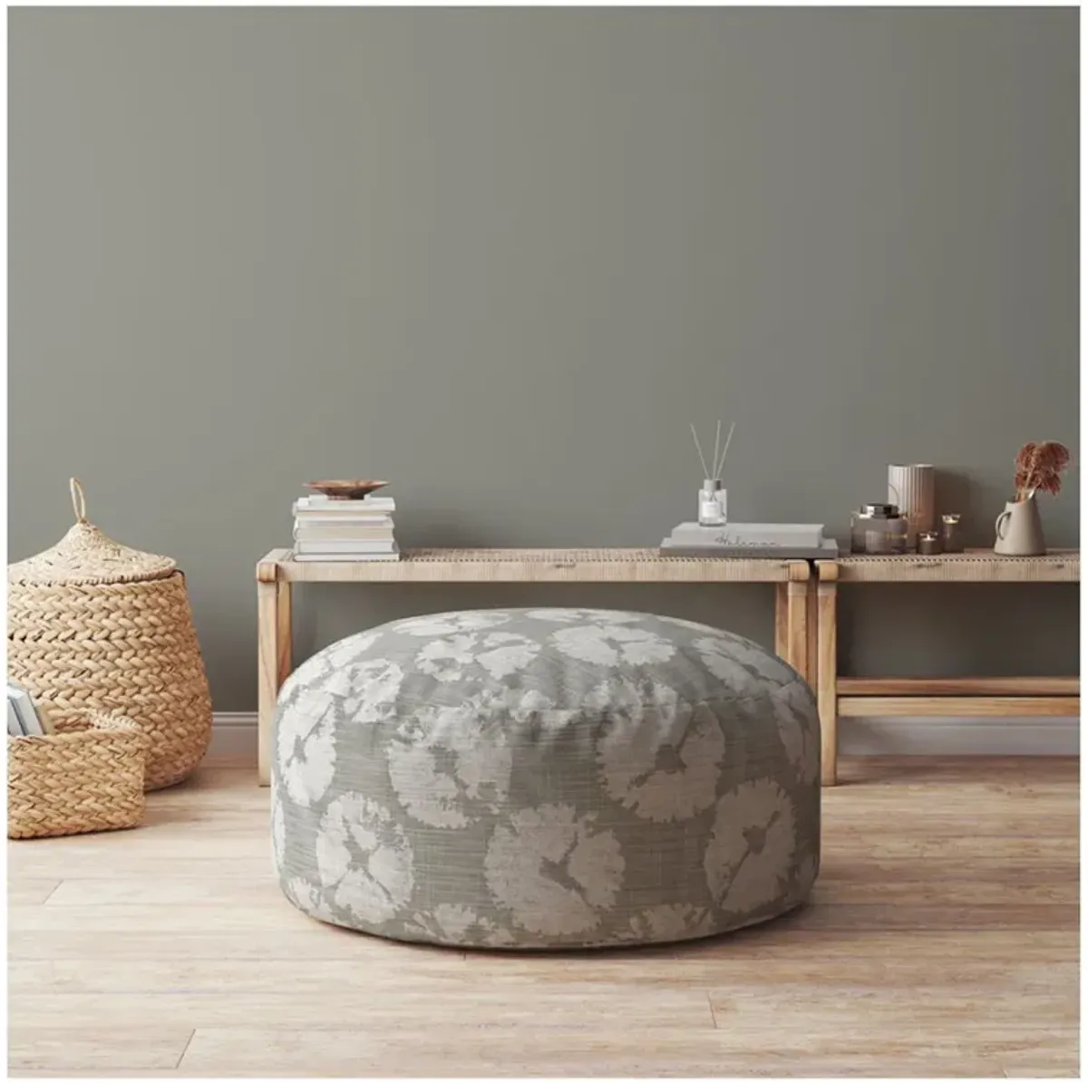 Canvas Round Floral Pouf Ottoman - Gray