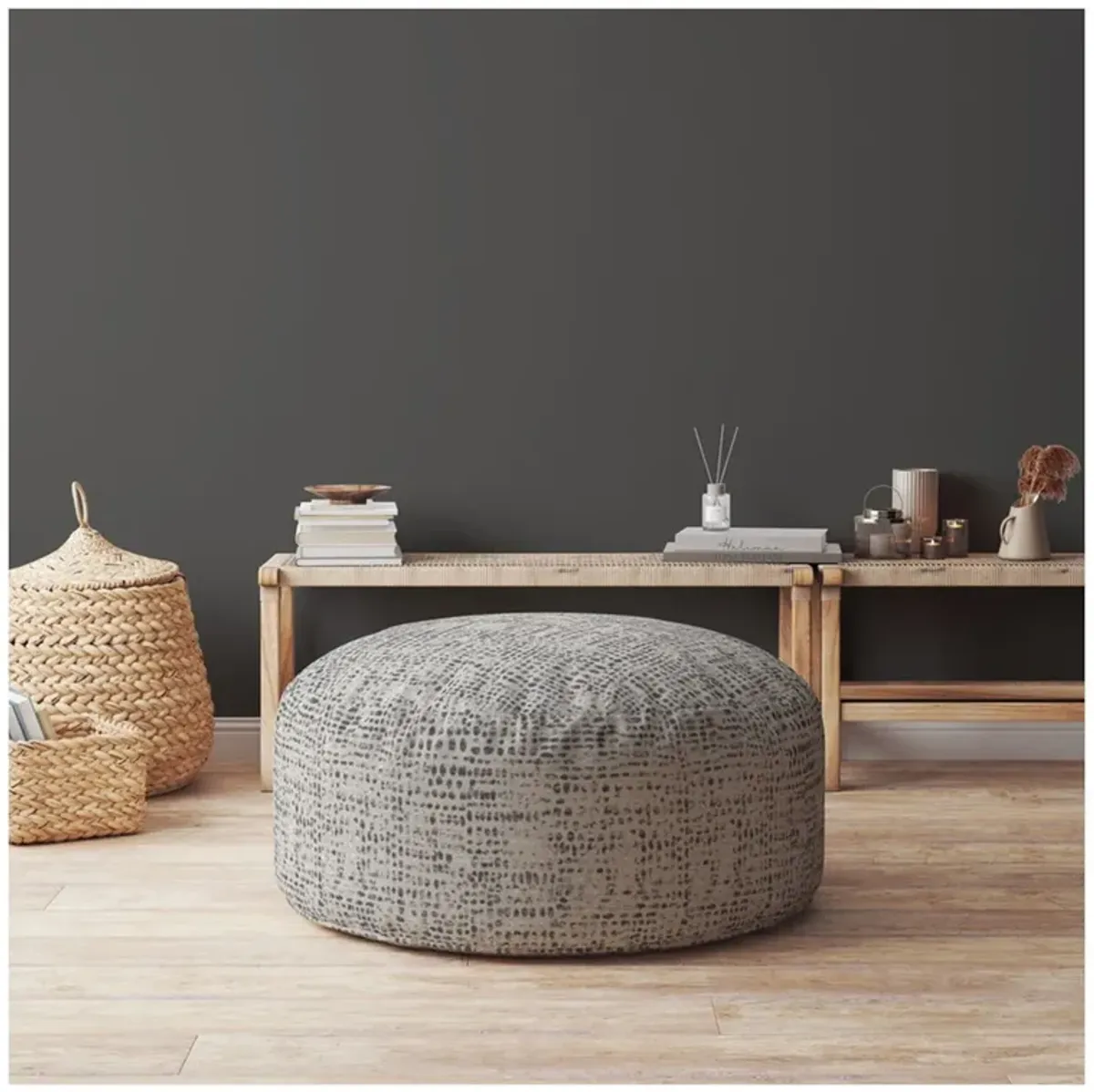 Canvas Round Abstract Pouf Ottoman - Beige