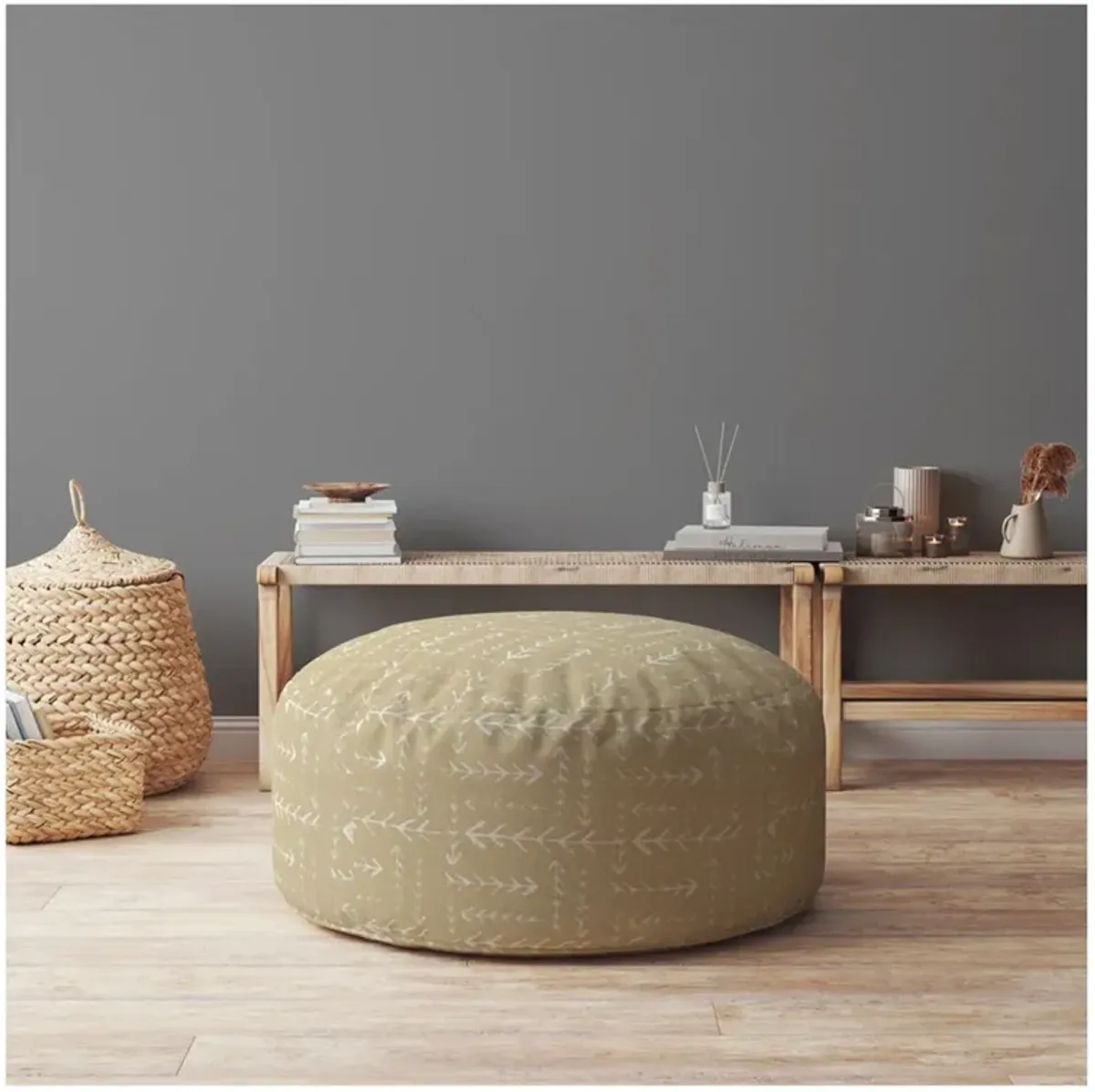 Cotton Round Abstract Pouf Ottoman - Beige