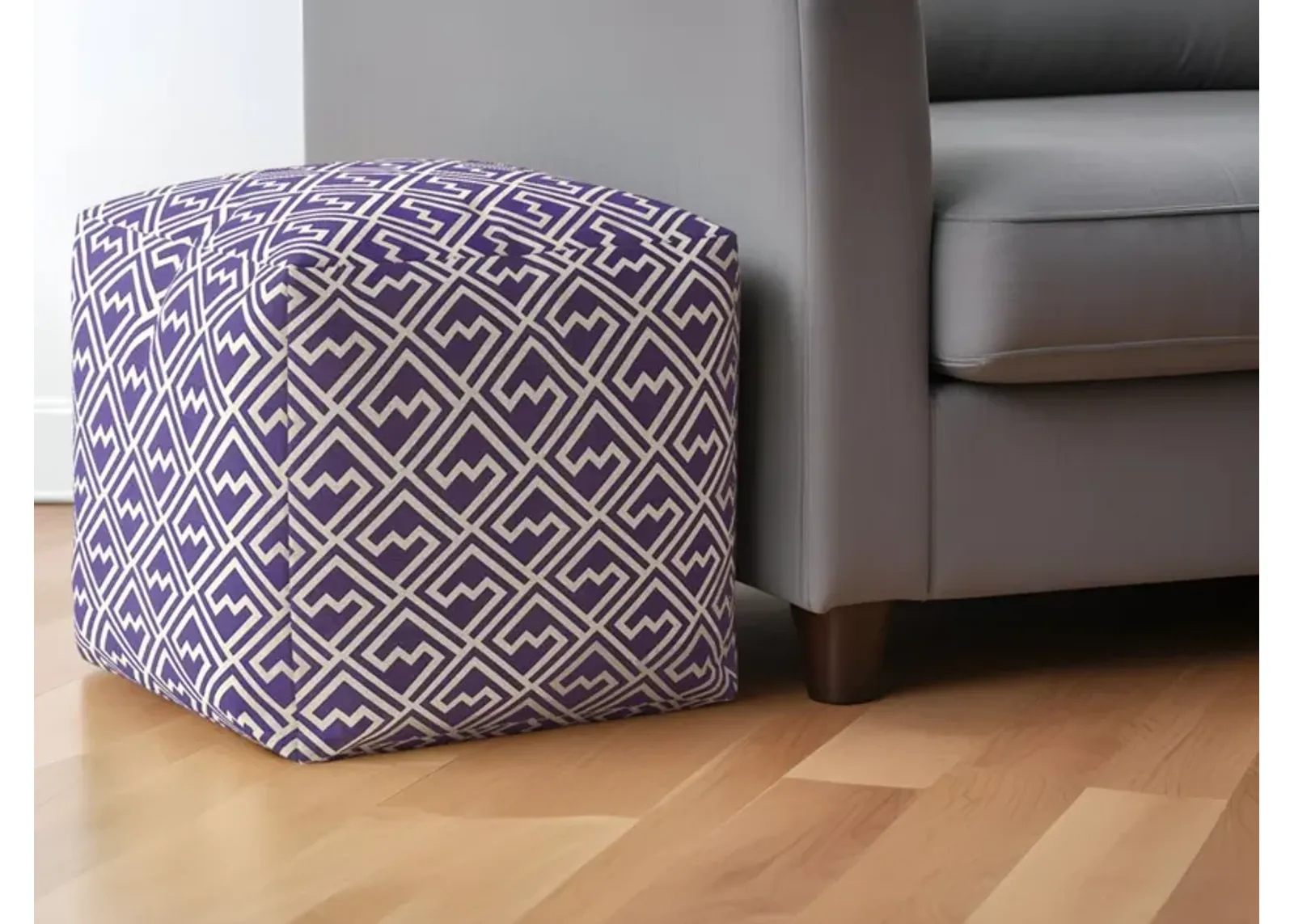 Cotton Damask Pouf Ottoman - Purple / White