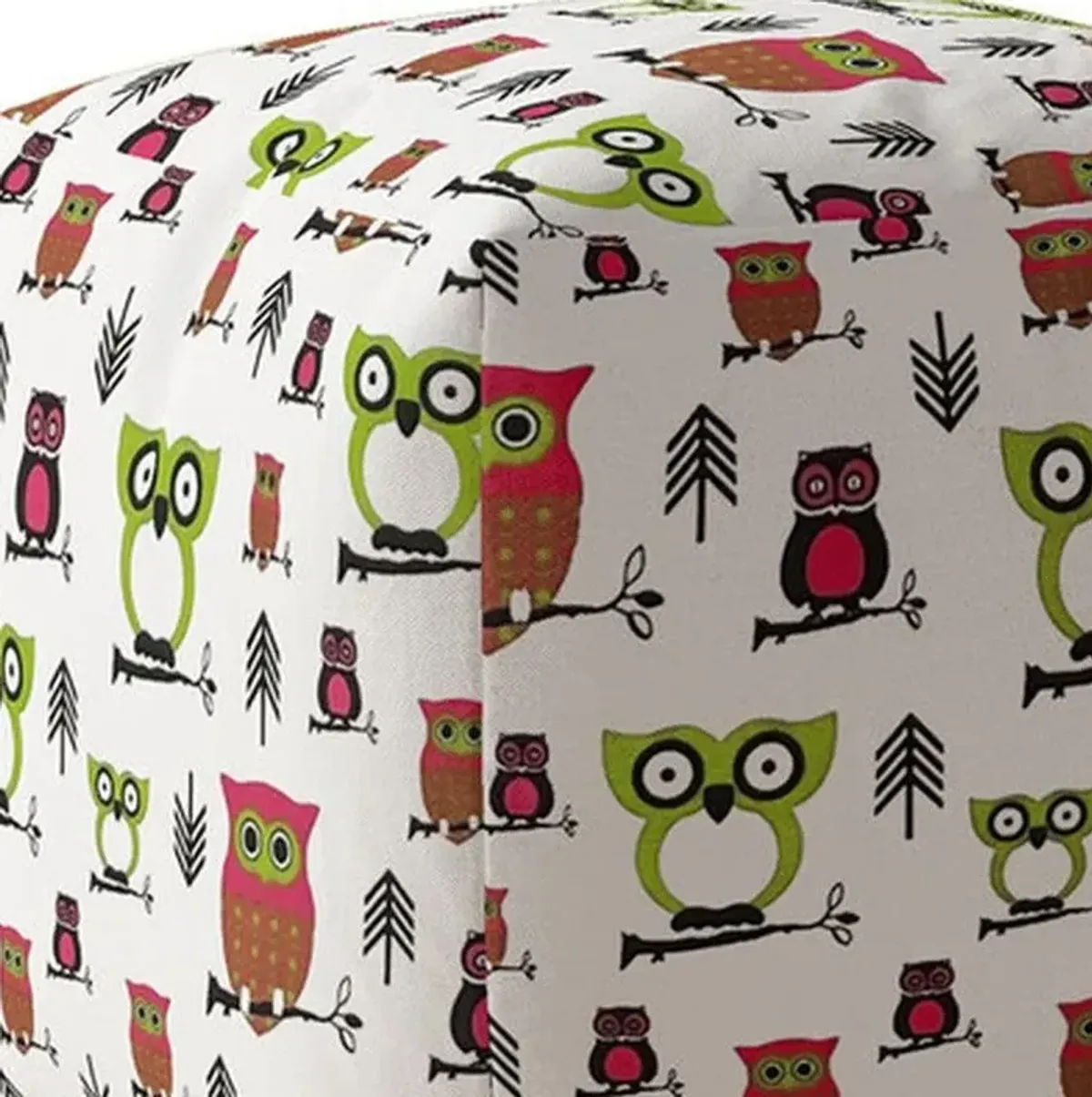 Cotton Owls Pouf Ottoman - Green / White