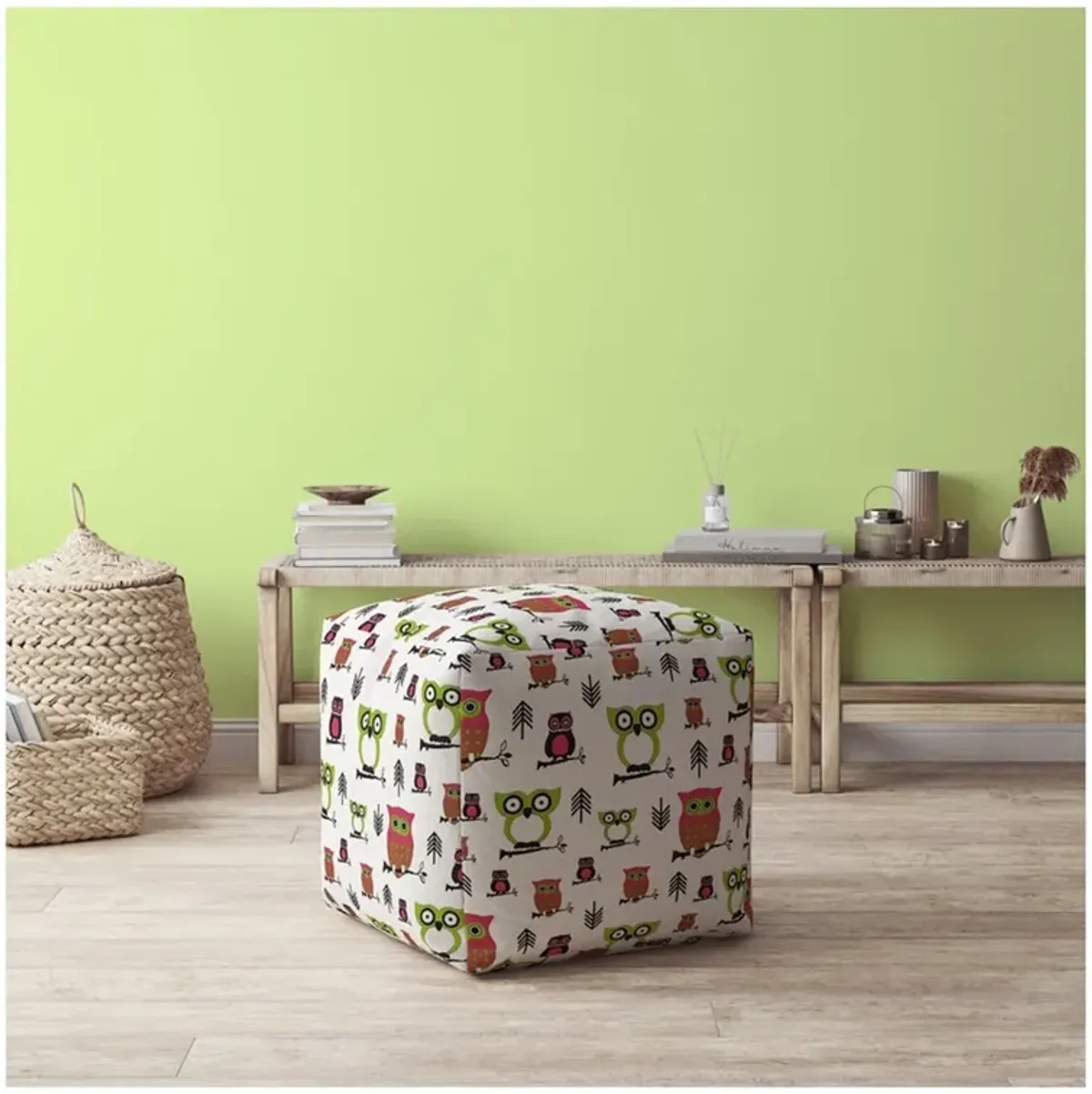 Cotton Owls Pouf Ottoman - Green / White