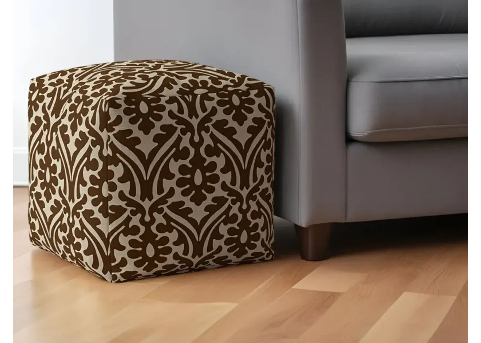 Cotton Damask Pouf Ottoman - Brown