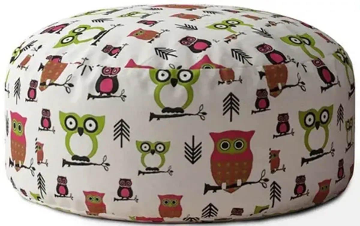 Cotton Round Owls Pouf Ottoman - Green / White