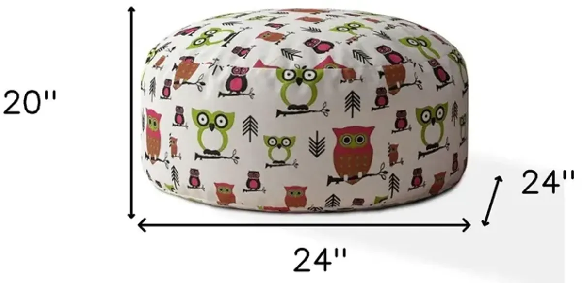 Cotton Round Owls Pouf Ottoman - Green / White