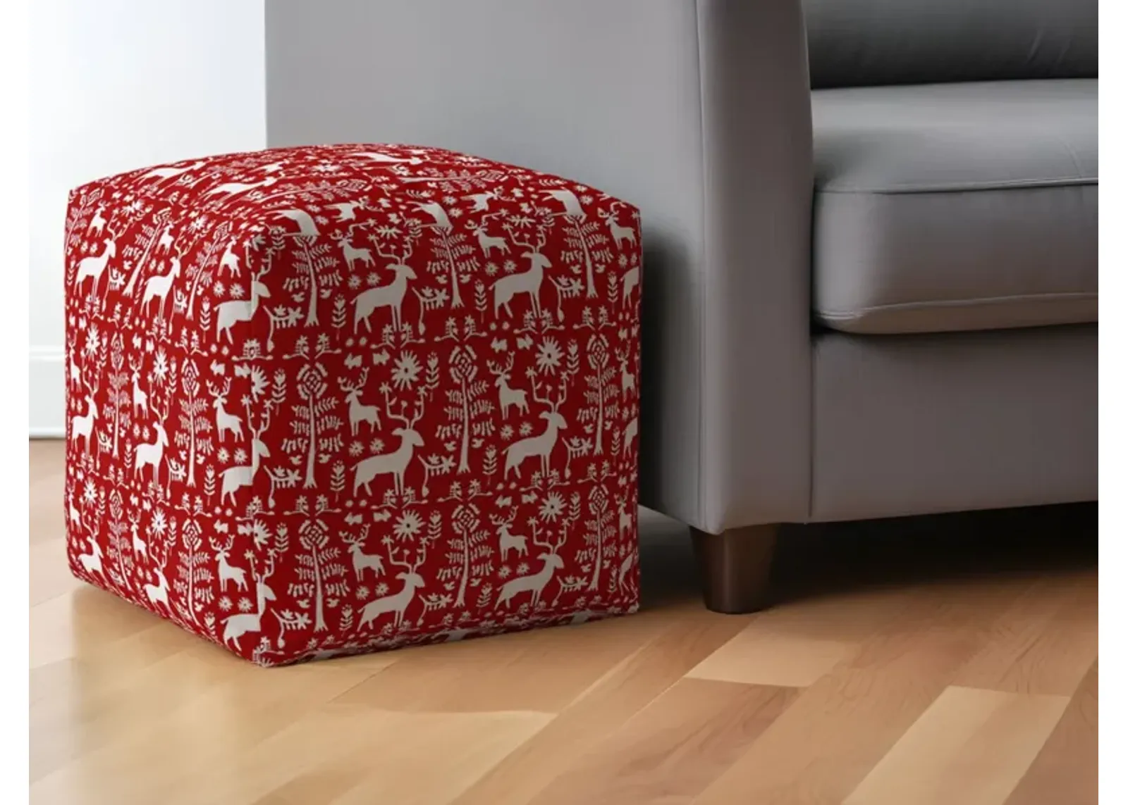 Cotton Stag Pouf Ottoman - Red / White