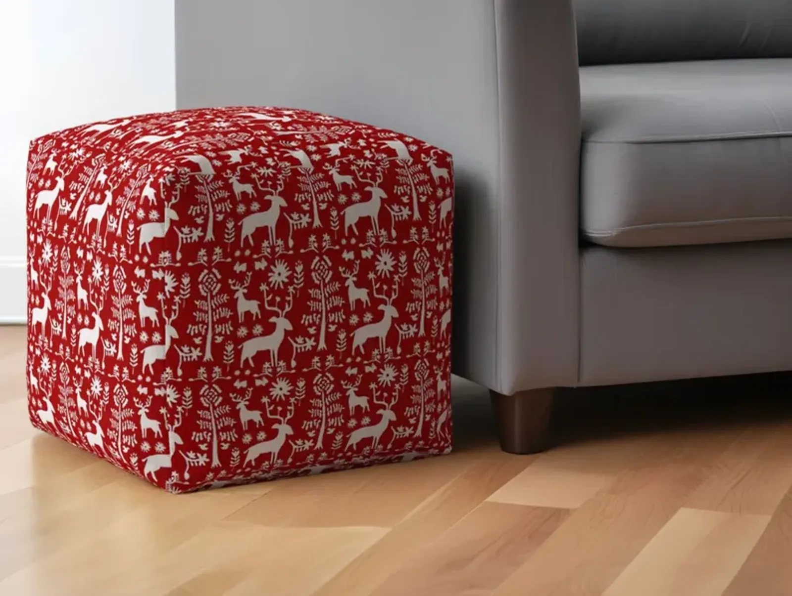 Cotton Stag Pouf Ottoman - Red / White