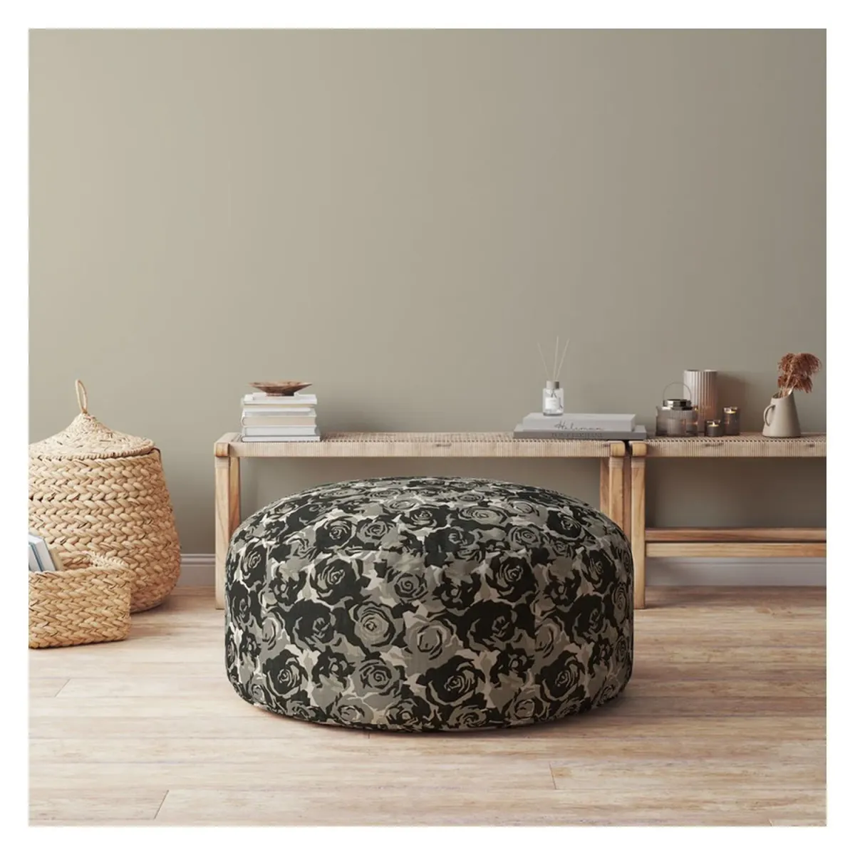 Canvas Round Floral Pouf Cover - Beige