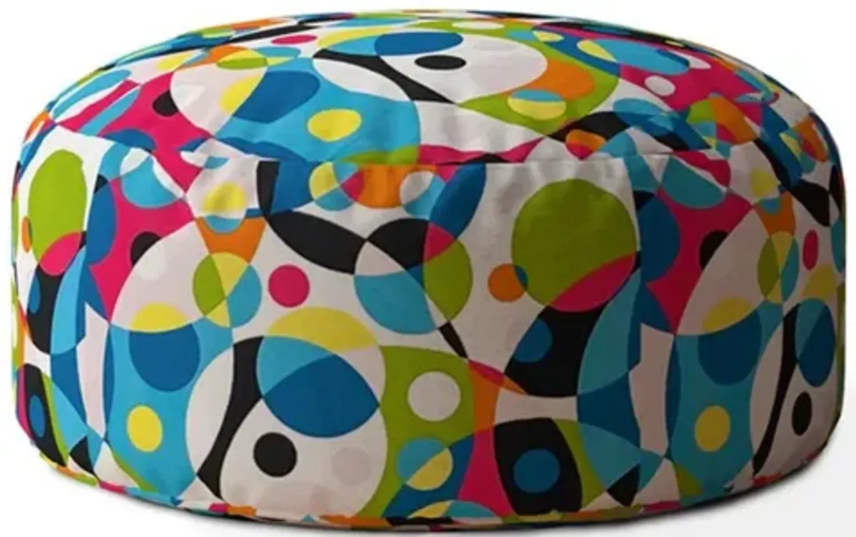 Cotton Round Patchwork Pouf Cover - Blue / White