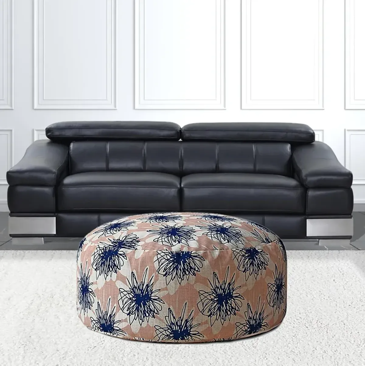 Canvas Round Floral Pouf Cover - Pink / Blue