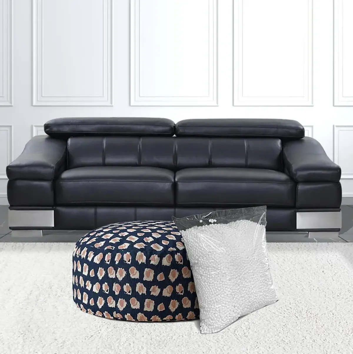 Canvas, Round Abstract Pouf Cover - Blue