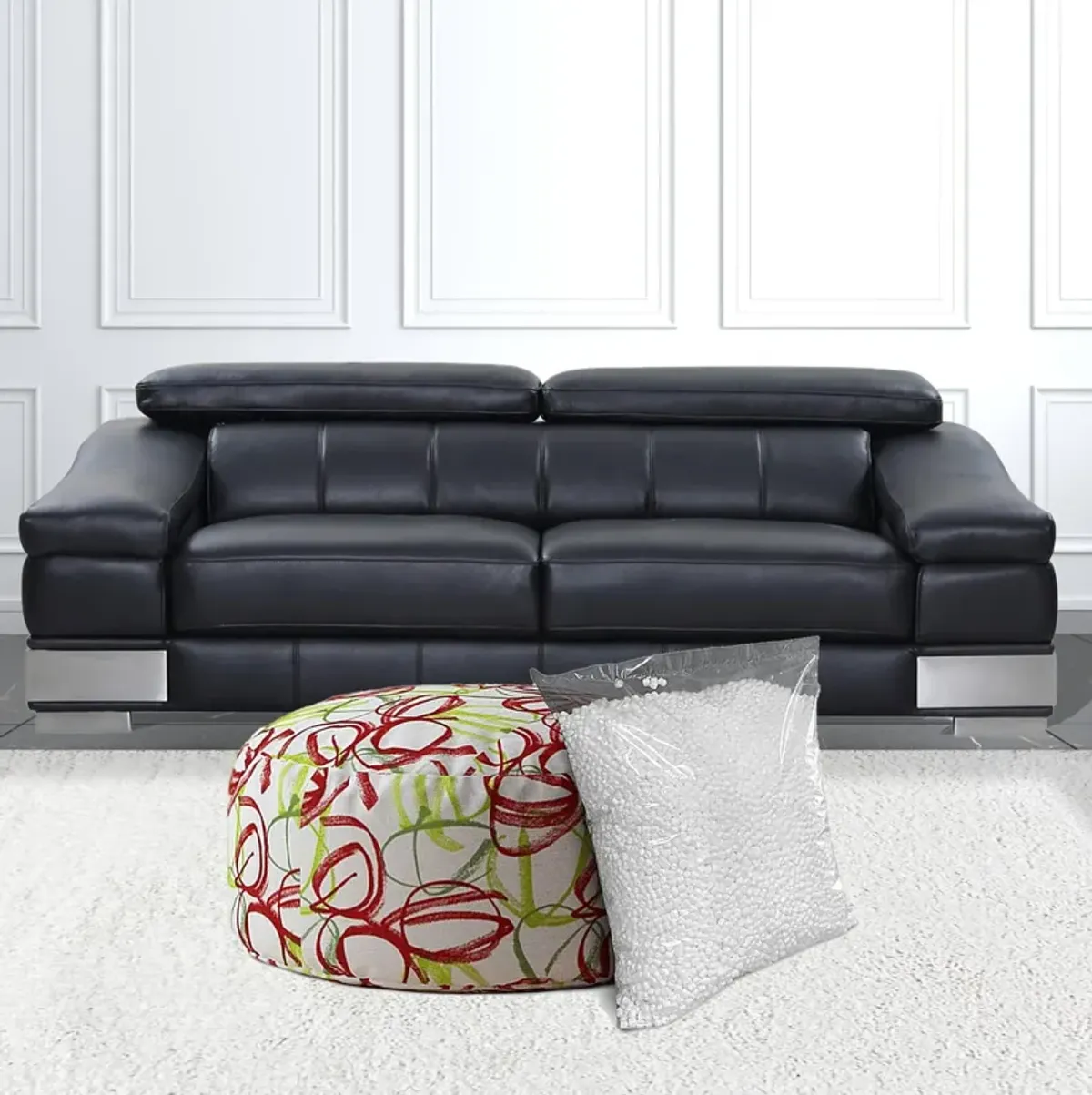 Cotton Round Abstract Pouf Cover - Green / White