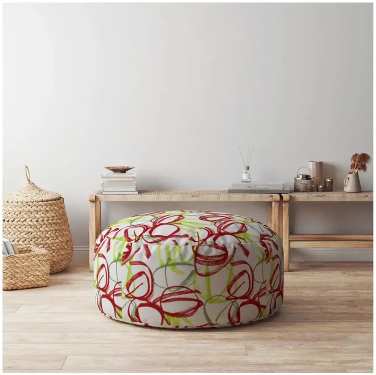 Cotton Round Abstract Pouf Cover - Green / White