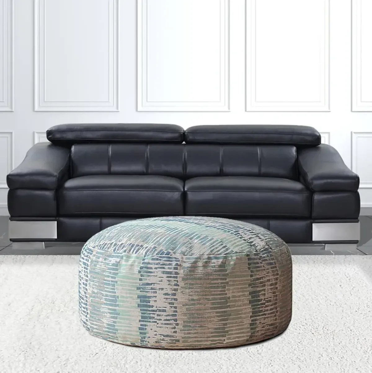 Canvas Round Abstract Pouf Cover - Blue / Gray