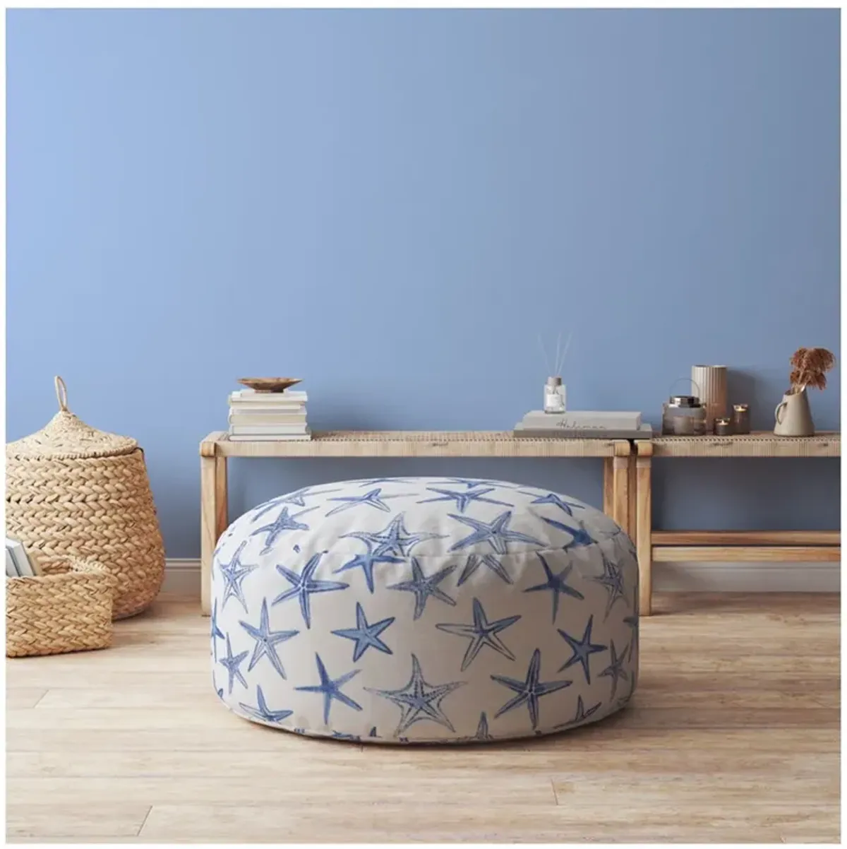 Canvas Round Abstract Pouf Cover - Blue / White