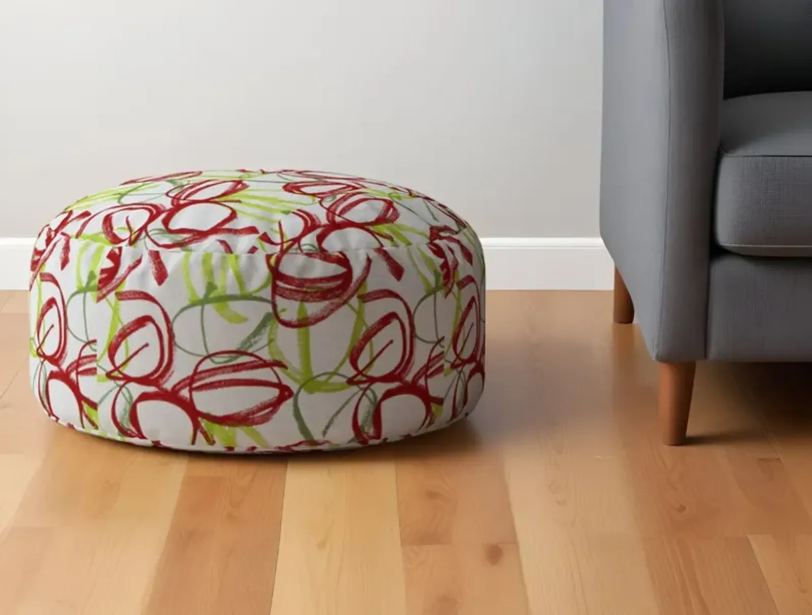 Cotton Round Abstract Pouf Ottoman - Red / White