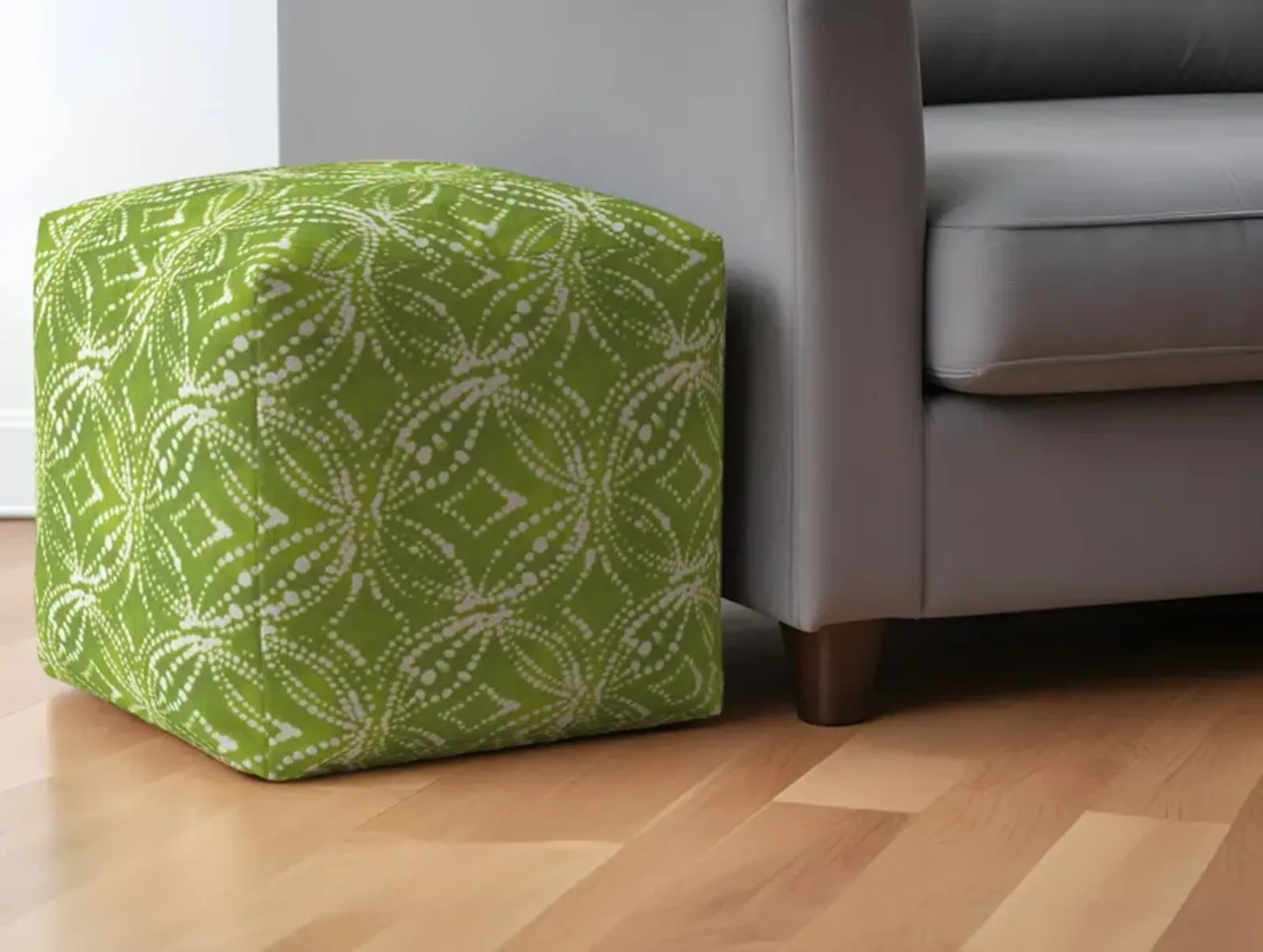 Cotton Damask Pouf Ottoman - Green / White