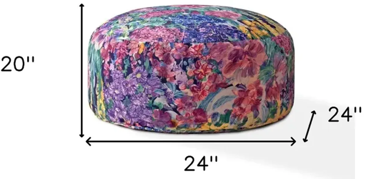 Cotton Round Floral Pouf Ottoman - Green