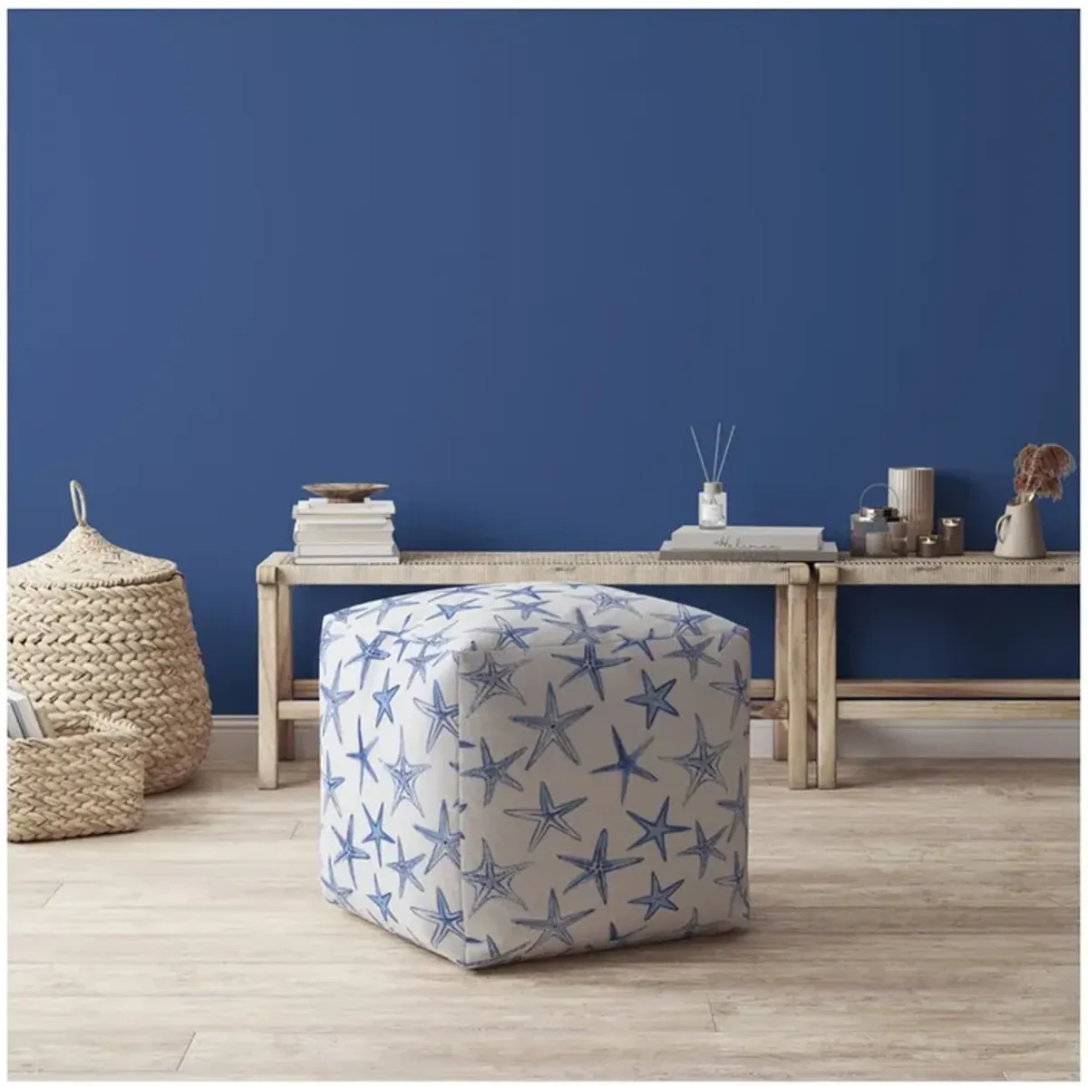 Canvas Stars Pouf Ottoman - Blue / White