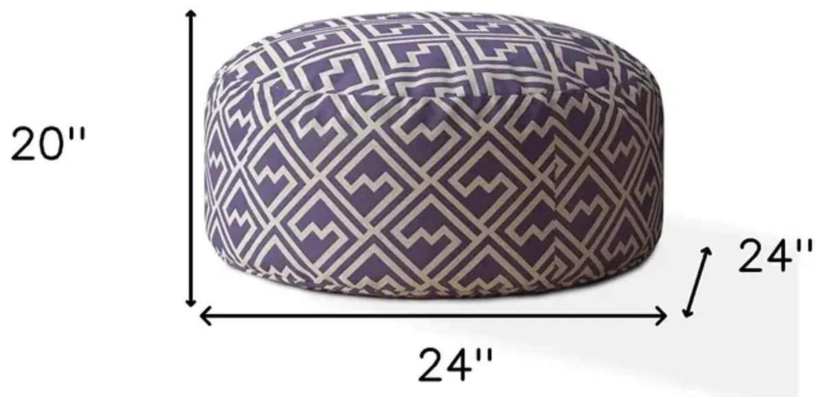 Cotton Round Damask Pouf Ottoman - Purple / White