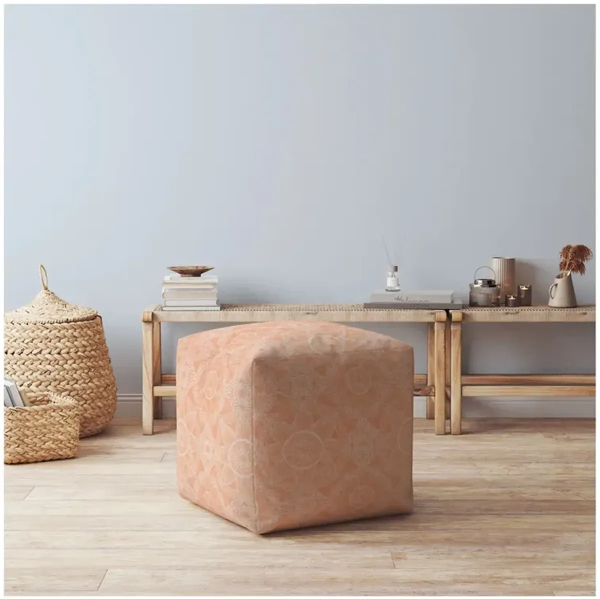 Cotton Floral Pouf Ottoman - Orange