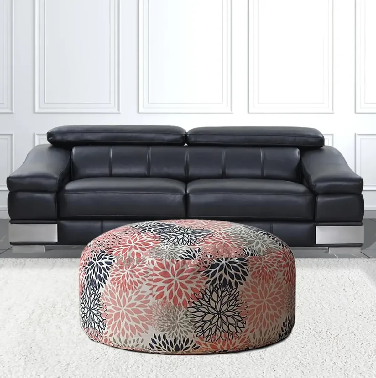 Polyester Round Floral Pouf Cover - Coral