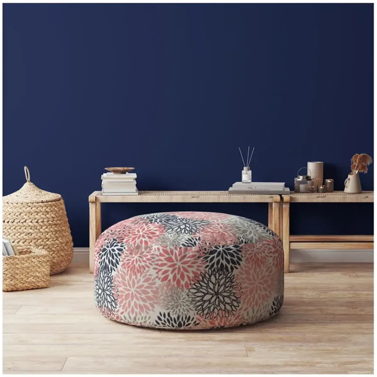 Polyester Round Floral Pouf Cover - Coral