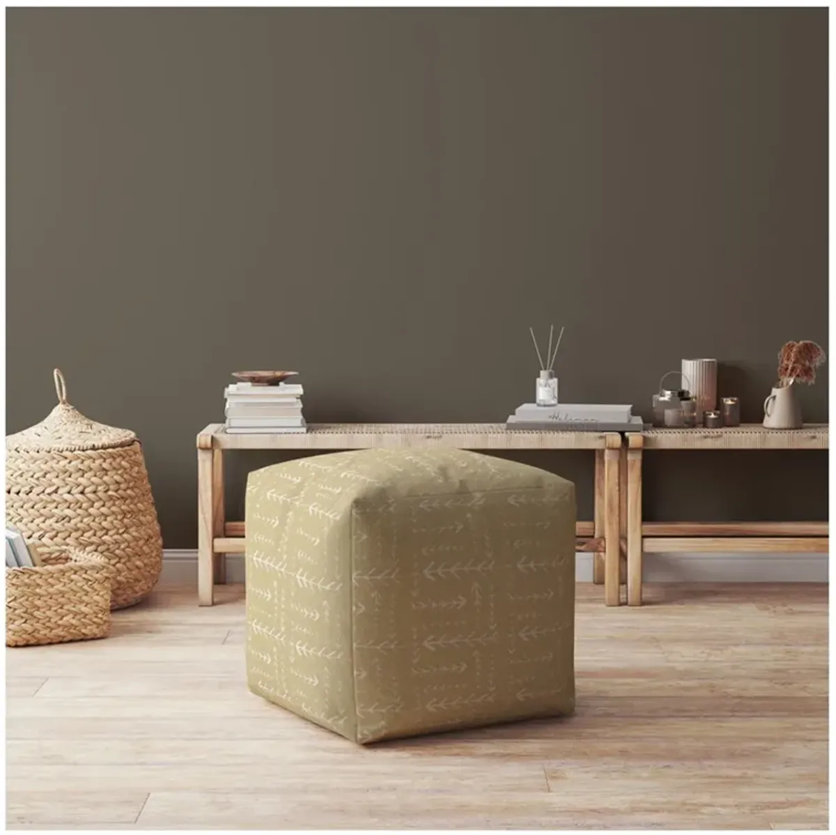 Cotton Abstract Pouf Cover - Beige