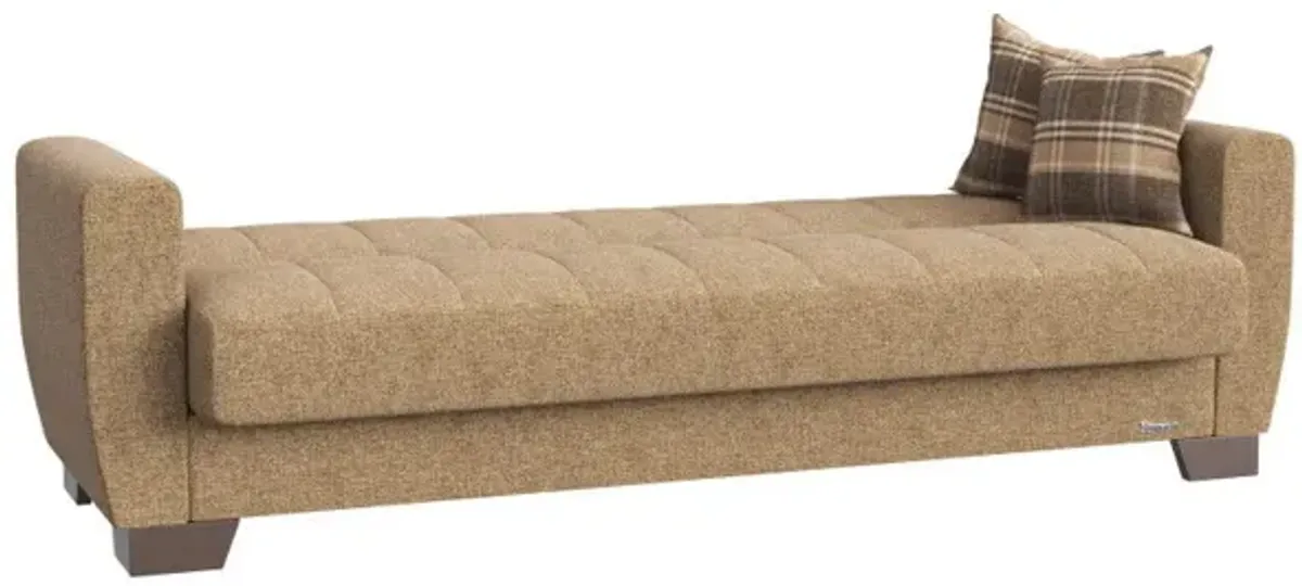 Chenille Sleeper Sleeper Sofa And Toss Pillows With Brown Legs - Beige