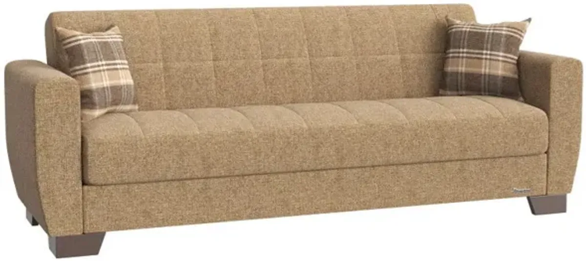 Chenille Sleeper Sleeper Sofa And Toss Pillows With Brown Legs - Beige