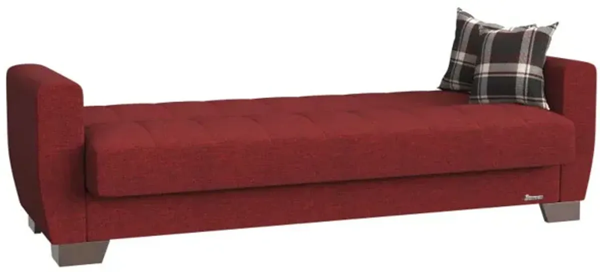 Chenille Sleeper Sleeper Sofa And Toss Pillows With Brown Legs - Burgundy