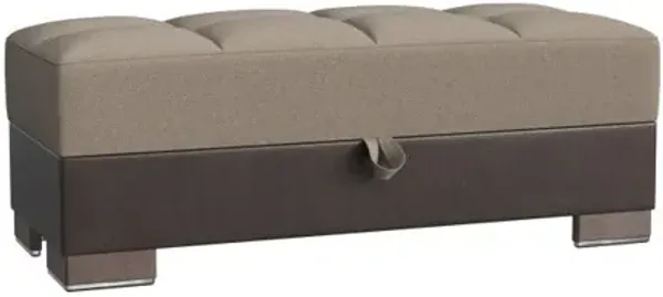 Chenille Faux Leather Tufted Storage Ottoman - Beige / Brown