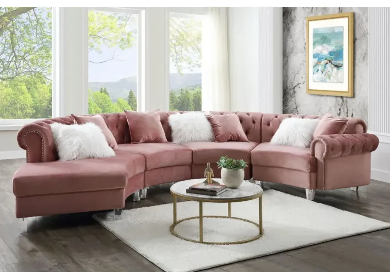 Velvet Curved Four Piece Corner Sectional - Pink