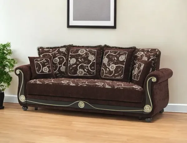 Chenille Paisley Sleeper Sofa And Toss Pillows - Brown