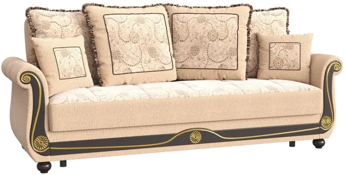 Chenille Chesterfield Paisley Sleeper Sofa And Toss Pillows - Beige