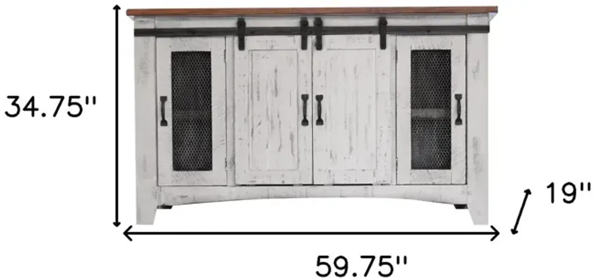 Cabinet Enclosed Storage Distressed TV Stand - White